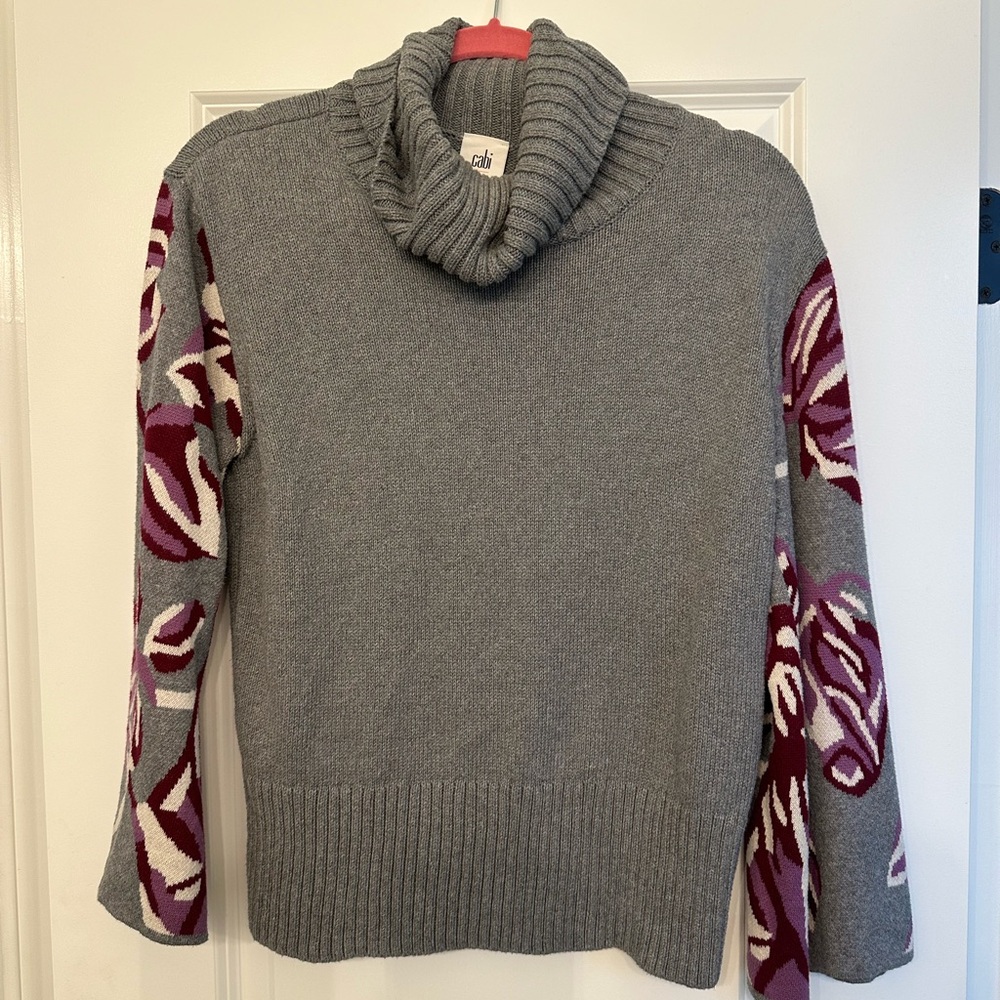 CAbi Gray Floral Cowl Neck Cotton Sweater